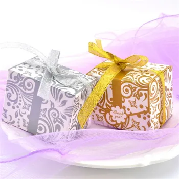 

Gold And Silver Flower Pattern Favors Box Gifts Candy Boxes With Ribbon Small Square Paper Box Wedding Event Party Supplies