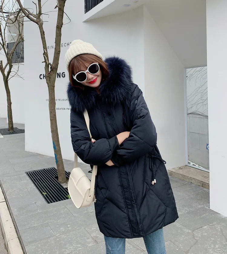 Off Season Special Offer Winter New Style down Jacket Women's Mid-length Thickening Large Fur Collar Loose-Fit Pocket Draws