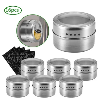 

Magnetic Spice Jar Set With Stickers Stainless Steel Spice Tins Spice Storage Container Pepper Seasoning Sprays Tools Spice Jar