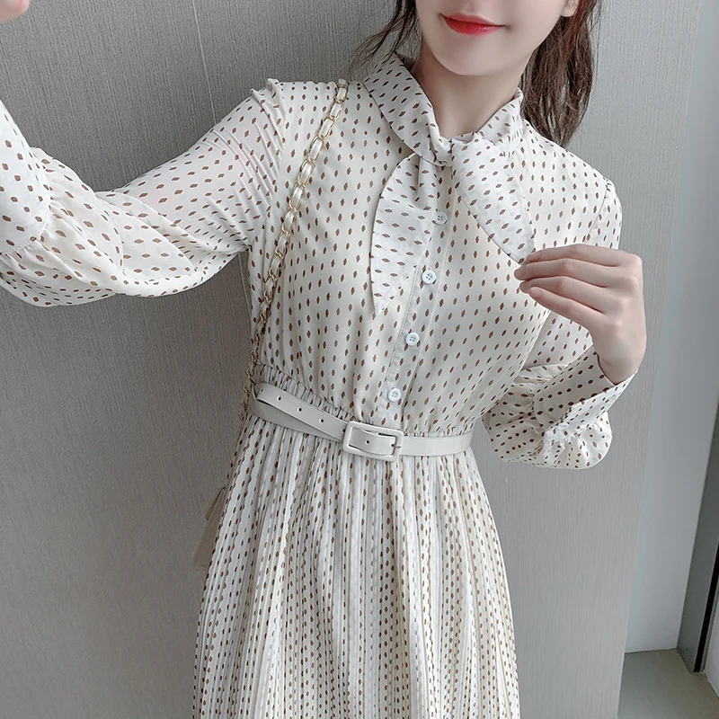 

Female Party Dress Vestidos Elegant Long Dress Retro Print Spring Bow Collar Sashes Long Sleeve A-line Women Chiffon Maxi Dress