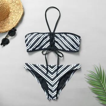 

2019 Bandeau Swimsuit Bikini Set Tube Top Low Waist Biquini Thong Bottom Strapless Sexy Swimwear Swimming Suit Women Bathers
