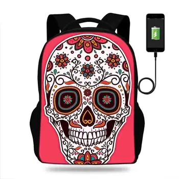 

Women Backpack for School Teenagers Girls USB Charging Rucksack Moclila Sugars Skull Print Cotton Backpack Female Bookbag