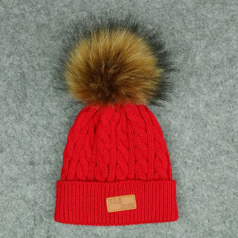 Осенне-зимняя детская шапка для маленьких мальчиков и девочек, теплые Вязаные Лыжные шапки, шерстяная вязаная шапка с помпоном, помпоном из меха енота, шапка с помпоном
