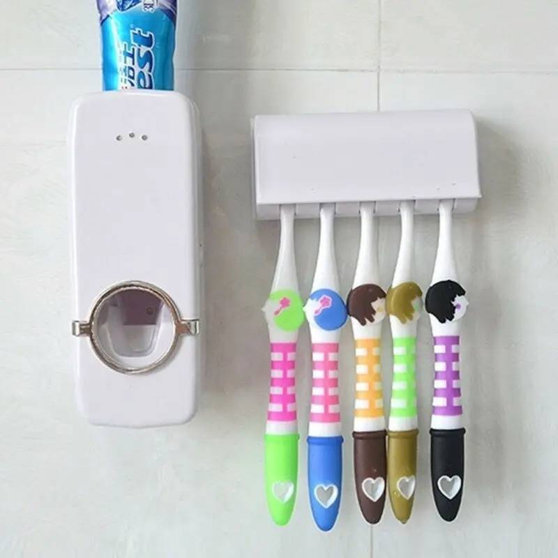 

Practical Toothpaste Dispenser + 5 Toothbrush Holder Set Wall Mount Stand Fully automatic Toothpaste Squeezers