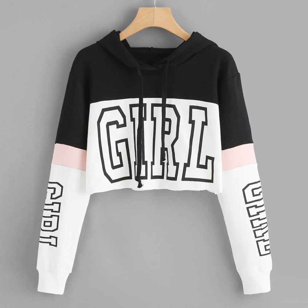 Letters Hoodie Crop Tops for Women Long Sleeve Sweatshirt Pullover Planet Print