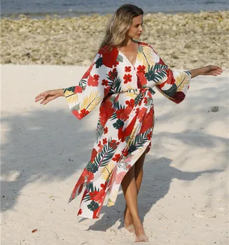 

Leaf Printed Bikini Cover Up Women Beach Dress 2020 New Swimwear Plus Size Tunic Bathing Suit Maxi Dress Bandage Kimono Cardigan