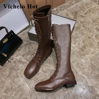 

Vichelo Hot elegant lady dating mature cross-tied square toe low square heels zipper keep warm high fashion knee-high boots L08