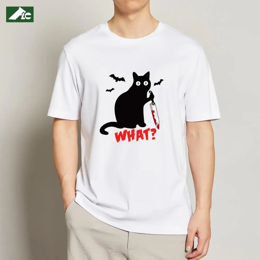 

FLC 100% Cotton Black Cat What Tshirt men Murderous Cat Knife Funny unisex tee Short Sleeve shirt men clothing summer tops gift