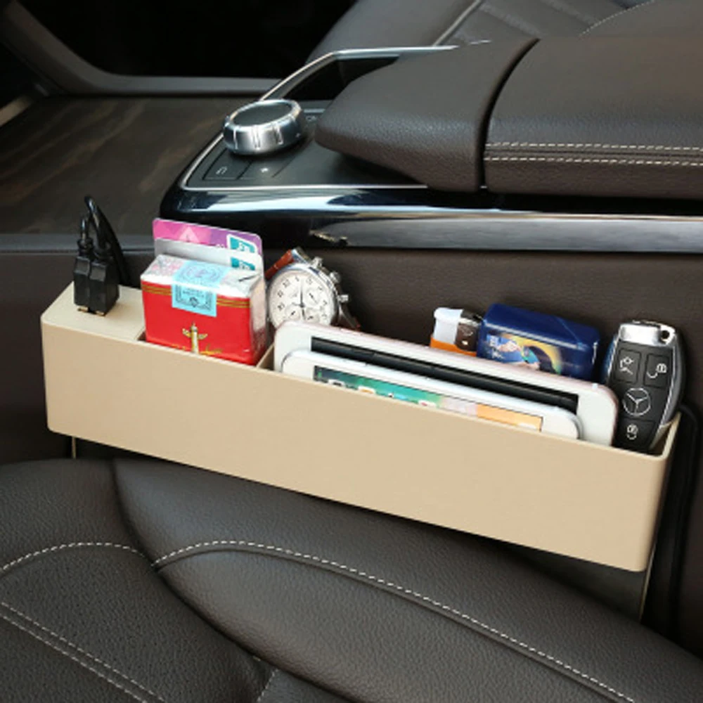Universal Rechargeable multi-function Car Organizer Seat Gap PU Case Pocket Car Seat Side Slit for Wallet Phone Coins Keys Cards - Название цвета: Бежевый