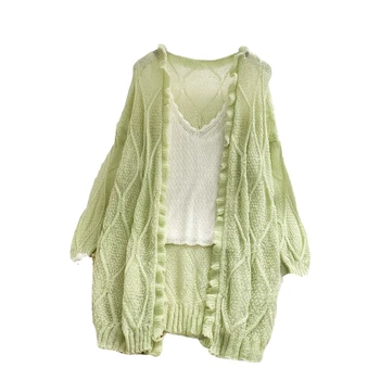 

Hollow Out Knitted Women Sweaters And Cardigan 2020 Summer New Ruffles Solid Loose Casual All Match Female Outwear Tops