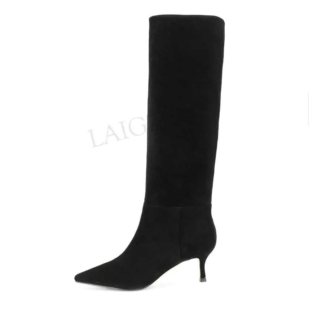 LGZ1056 Suede LAIGZEM, модные женские сапоги до колена сапоги на каблуке «рюмочка» Удобная зимняя обувь с боковой молнией женская обувь, размер 36, 37, 38, 39 - Цвет: LGZ1056 Suede