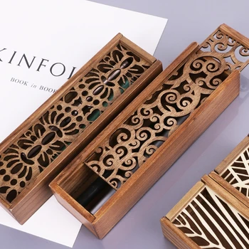 

Retro Wooden Stationery Case Hollow Out Boxes Desktop Pencil Storage Organizer