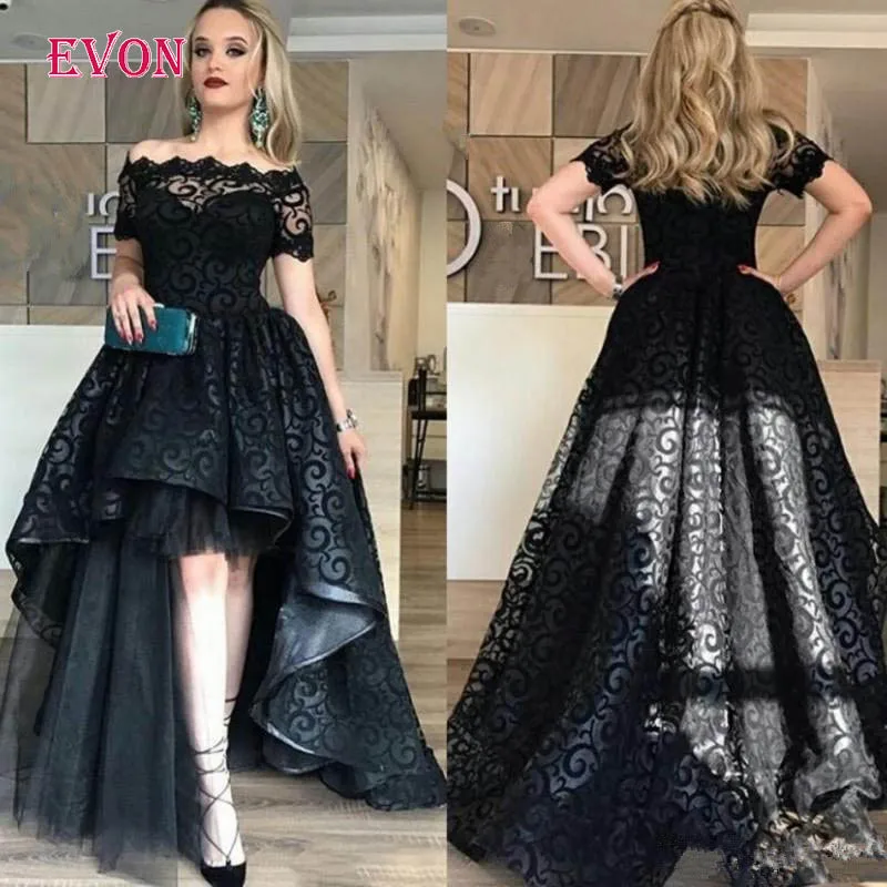 High Quality Black High Low Lace Prom Dresses Elegant Off The Shoulder Short Sleeves Evening Gowns Vestidos De Gala Custom Made