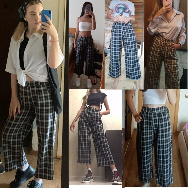 Vintage Plaid Pants Women Elastic Waist 