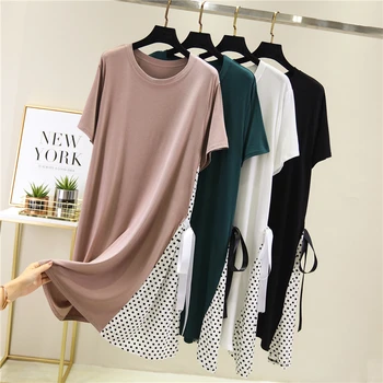 

Home skirt summer new round neck short-sleeved A-line skirt Modal section chiffon polka dot dress thin casual nightdress pijamas