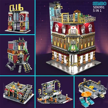 

Sembo MOC City StreetView 5in1 Nightclub Bar Resort Hotel Compatible LeSet Building Blocks Bricks Streetscape With LED Light