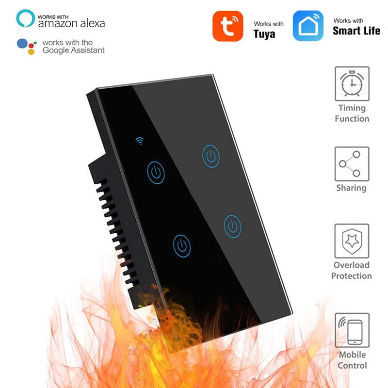 Умный настенный сенсорный выключатель Tuya Wi-Fi + Bluetooth 1/3/4 клавиши нулевой огонь