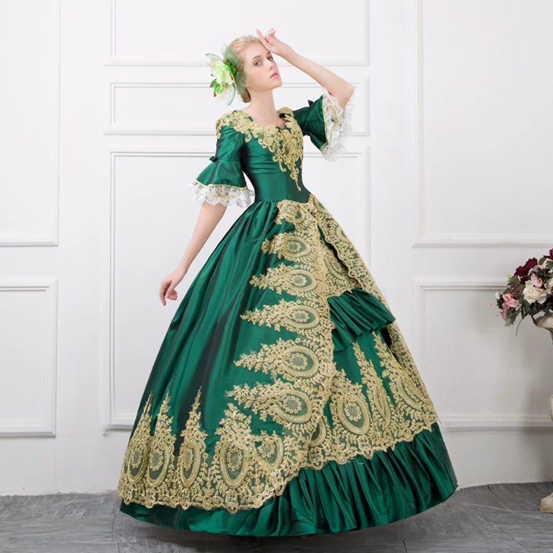 green emerald velvet dress Marie Antoinette Rococo Style Dress  Cream Victorian Ball Gown with Floral Embroidery and Layered Skirt Size 28W / Cream