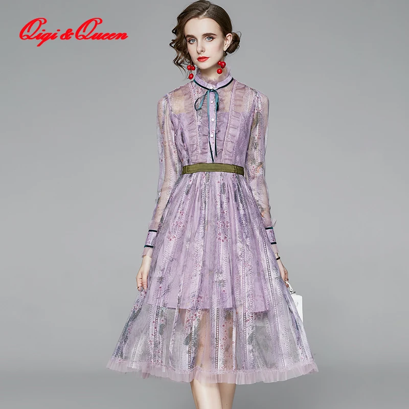 Qiqi&ampQueen Lace Perspective mesh Printed Dresses Purple Big swing Ruffled Bow High waist Casual Women Autumn Sexy Party Dress | Женская