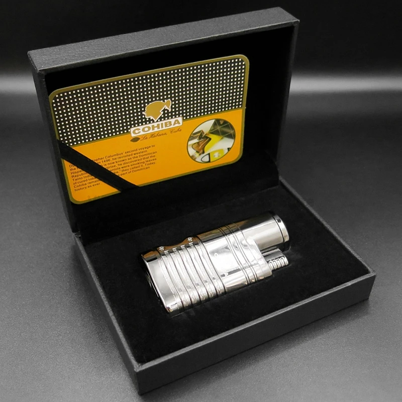 COHIBA металлический 4 фонарь, пламенная струйная сигарета, сигарета, табачная зажигалка, синий огонь, газовая зажигалка с сигары, защищенный от ветра для курения, инструмент