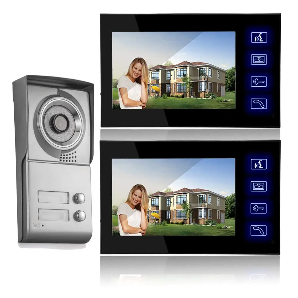 7\ Color LCD Video Door Phone Intercom System 2 Monitors + Access Outdoor Camera For 2 Apartment