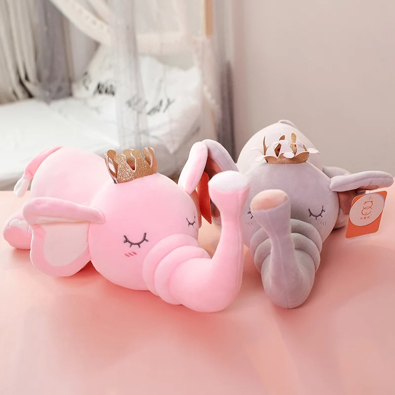 

45cm/60cm/80cm Sweet Sleeping Elephant Plush Toy Soft Stuffed Cartoon Animal Pink/Gray Elephant With Crown Doll Rest Pillow Gift