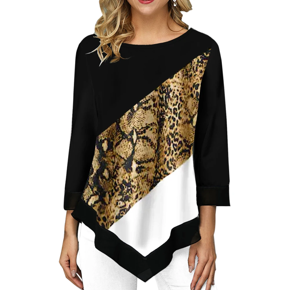 Oeak женская летняя шифоновая рубашка, топы, повседневные офисные рубашки, шифоновая блузка с длинным рукавом, топы, модный топ с бантом - Цвет: Leopard(style3)