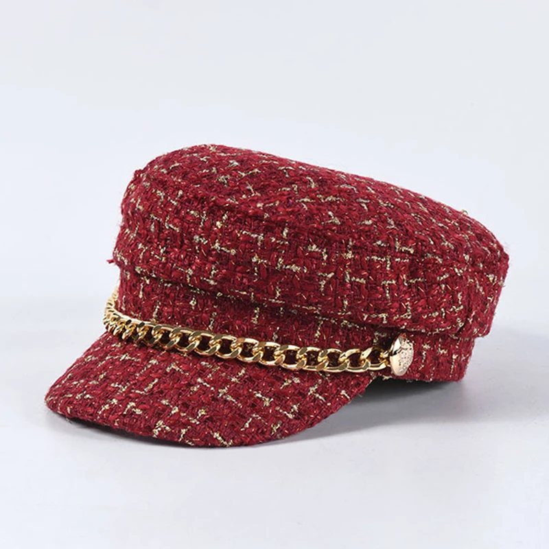 New Luxury Brand Tweed Design Chain Decoration Military Caps Women Black Newsboy Cap Ladies Elegant Octogonal Cap Autumn Winter - Цвет: wine red