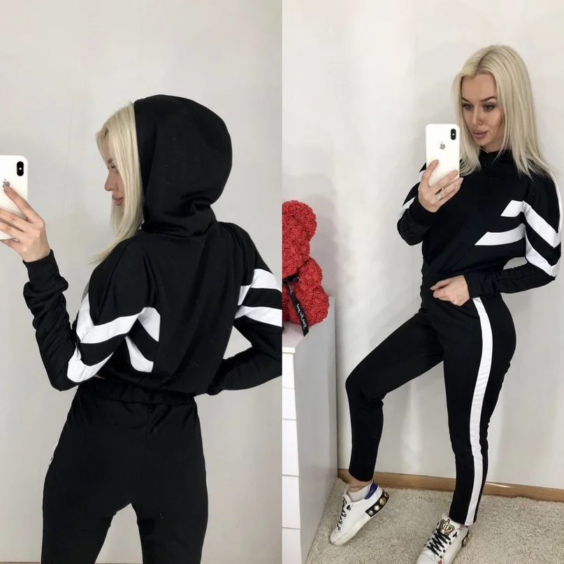 Hoodies Women Winter Harajuku Hoodie Sweatshirts 2pcs Tracksuit Set Tops and Pants Side Stripe Female Clothing Suits Activewear