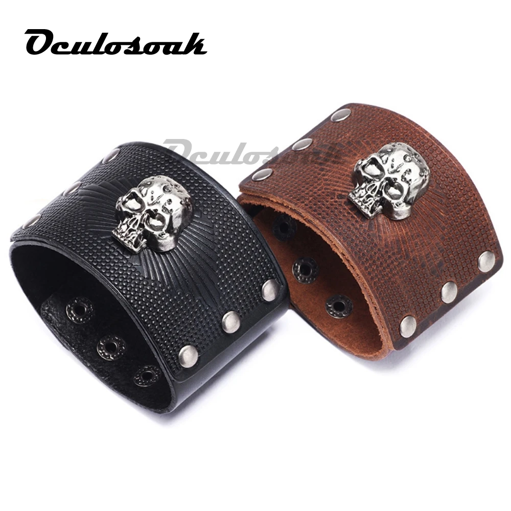 Vintage Mens Leather Bracelet Skull Wide Hand Snap Cuff Bangle Gift Black Red