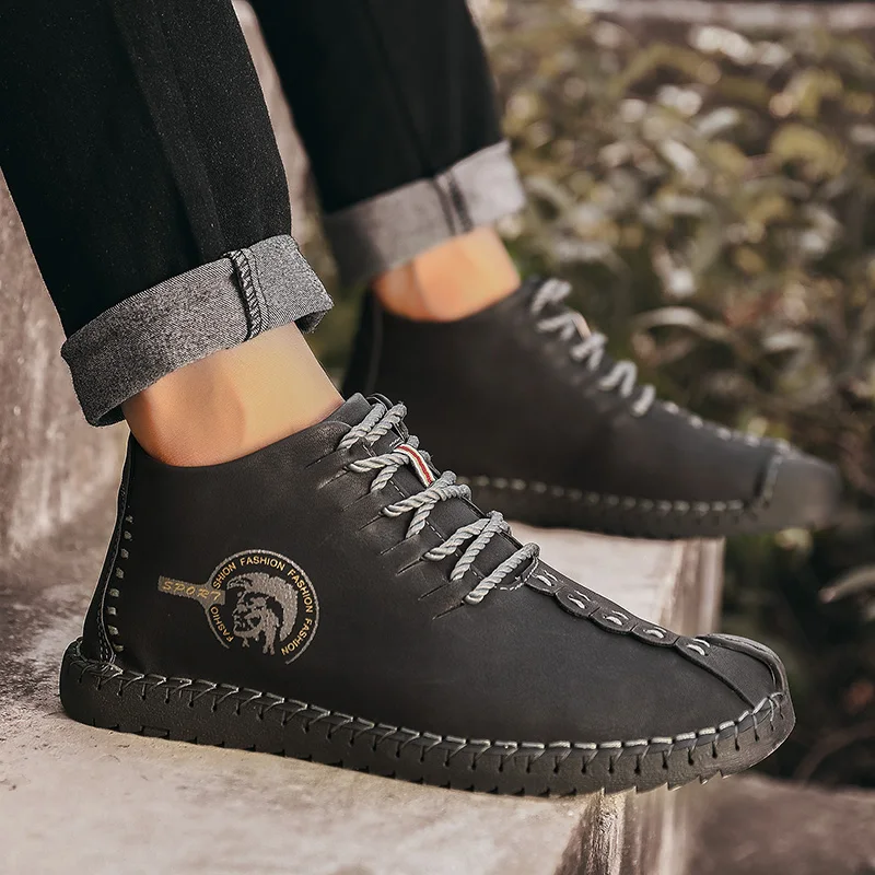 

Fashion Flats Soft Boots Men Winter with Fur Snow Boots Men Moccasins High Tops Leather Loafers Zapatos Driving Shoes HX-153