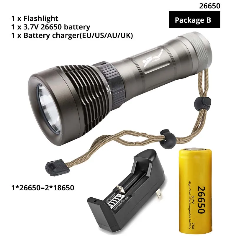 Package B-26650 IP68 фонарик для дайвинга Факел может нырнуть 100 метров поворотный переключатель индекс цветопередачи Ra80 амфибия на 18650/26650 батареи - Испускаемый цвет: Package B-26650