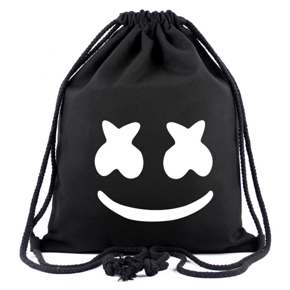 

Student Backpack DJ Marshmallow Printing Bags Black Canvas Draw String Shoulder Bag