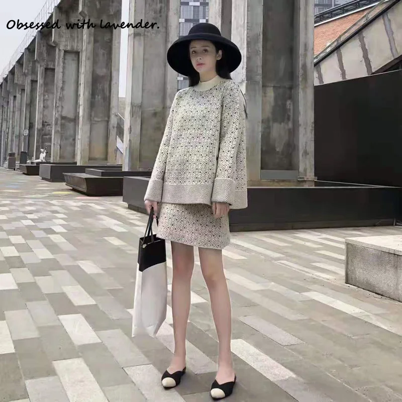 

Obsessed with lavender.Qiu Chun Knitted Sportswear High Neck Sweater Women's Suit 2 Piece Knitted Skirt Women's Suit