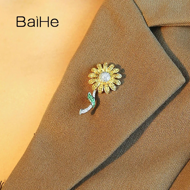 BAIHE Solid 14K White Yellow Gold Yellow Sapphire Emerald Diamond Flower Brooch Pendant Women Mommy Workplace Fine Jewelry 2 BAIHE Solid 14K White Yellow Gold Yellow Sapphire Emerald Diamond Flower Brooch Pendant Women Mommy Workplace Fine Jewelry - Image 2