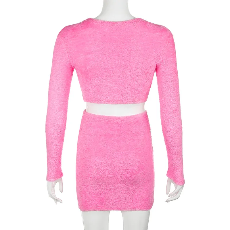 BOOFEENAA, осень, женский свитер и юбка, наборы, для ночного клуба, пушистые, розовые, сексуальные, Клубные наряды, вязанные, два предмета, набор, C67-AA70
