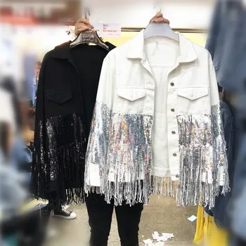 

2019 Fashion Punk Sequins Beading Tassels Women Denim Coat Streetwear Female White Denim Jacket Fashion Women Tops