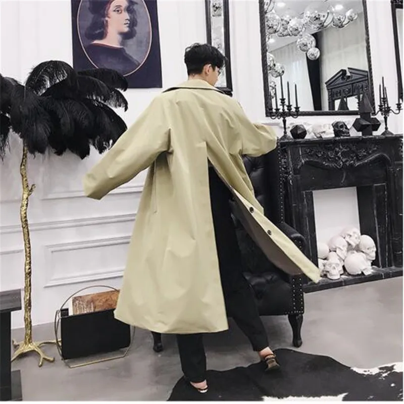 Harajuku, длинные пальто, мужские, повседневные, свободные, Тренч, мужские, на пуговицах, пальто, мужское, с разрезом сзади, стимпанк, ветровка, casaco