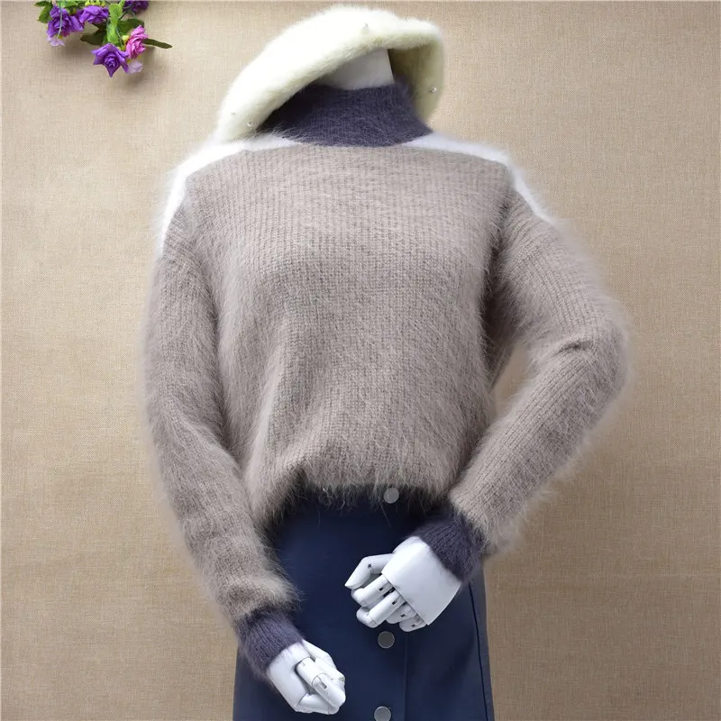 body56cmchest106cm Лет, женский свитер, базовый пуловер, водолазка, воротник с длинным рукавом, кроличий мех, трикотаж, обтягивающие манжеты, осенняя одежда для девушек - Цвет: body56cmchest106cm