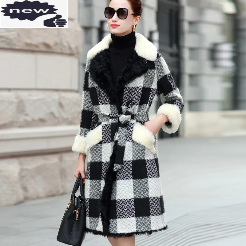 

Winter Elegant Drawstring Waist Womens Woolen Overcoats Medium Length Fleece Lining Thick Warm Office Ladies Plaid Tweed Coats