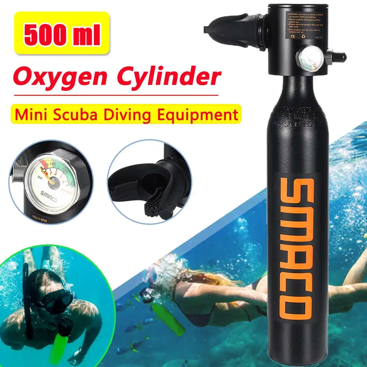 

SMACO Scuba Oxygen Cylinder Snorkel Air Tank Hand Operated Pump Snorkeling Diving Equipment Underwater Accessories