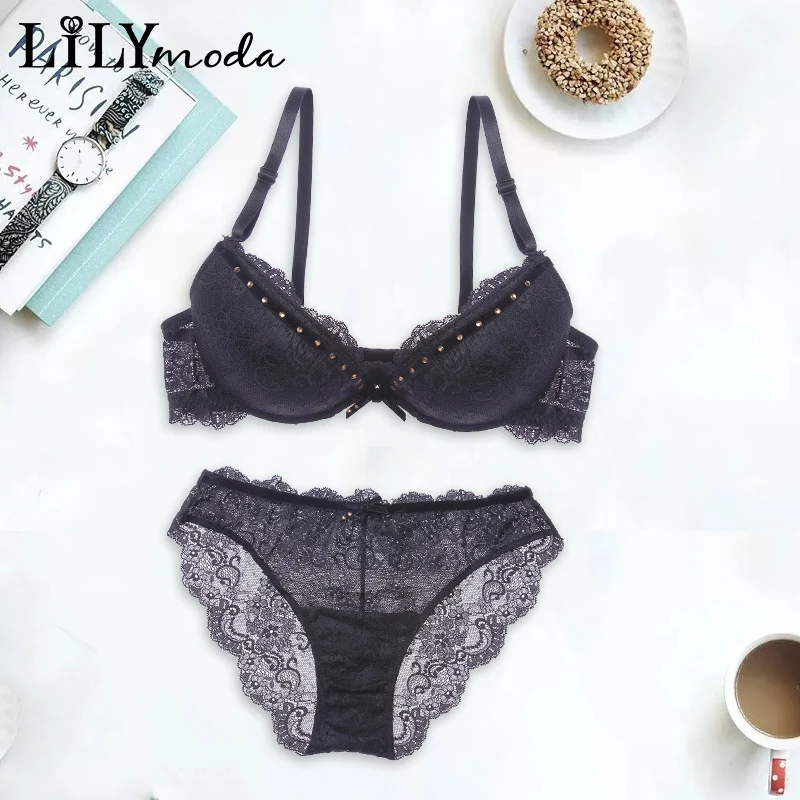 Women Luxury Rhinestone Floral Lace Bra and Underwear Panty Set Push Up