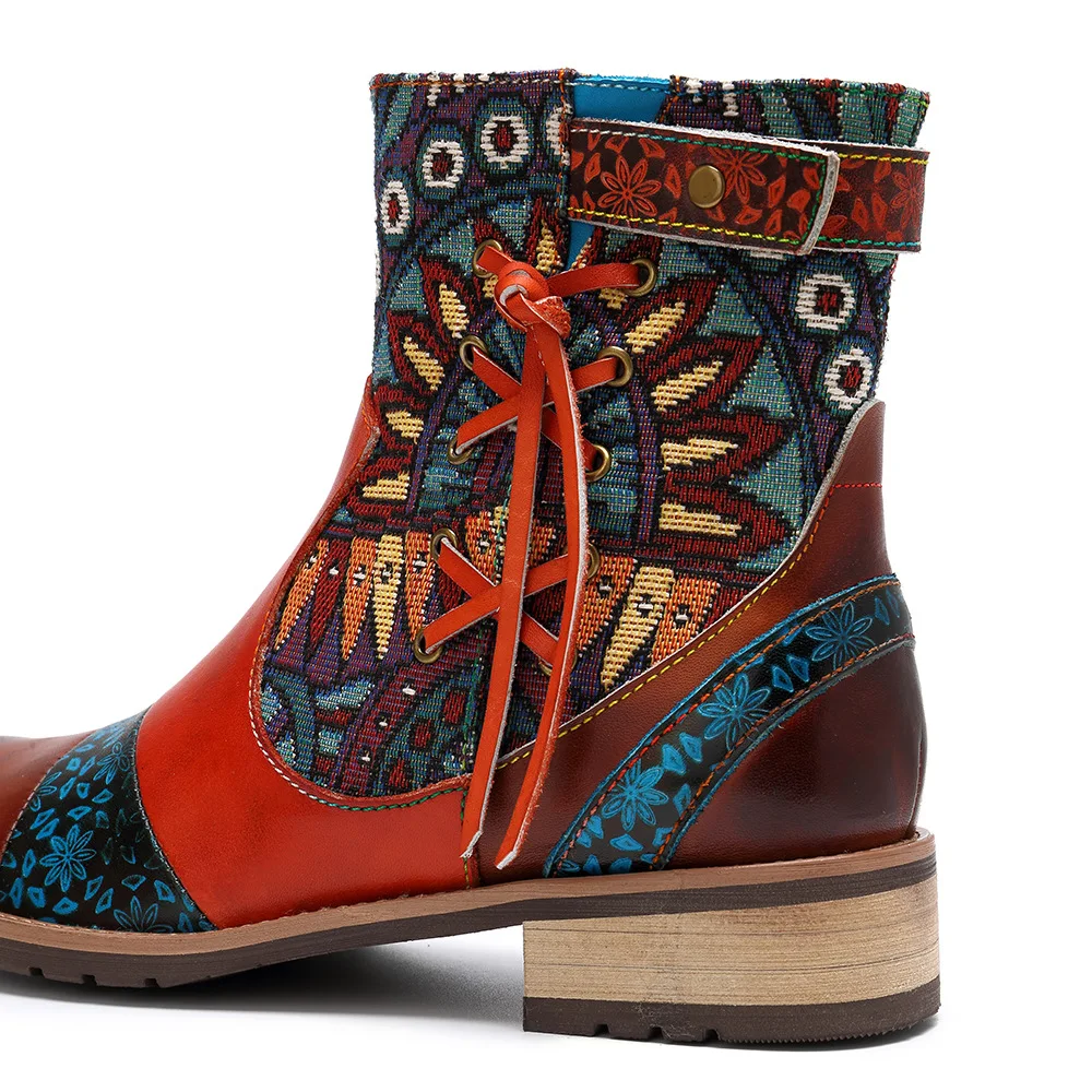 Г., новая женская обувь новые цветные кожаные женские жаккардовые ботинки на среднем каблуке ковбойские ботильоны