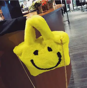 

Women's Handbag Large Capacity Fashion Chain Shoulder Bag Plush Smiley Tote Bag Winter New Fake Fur Warm Bucket Bag #25