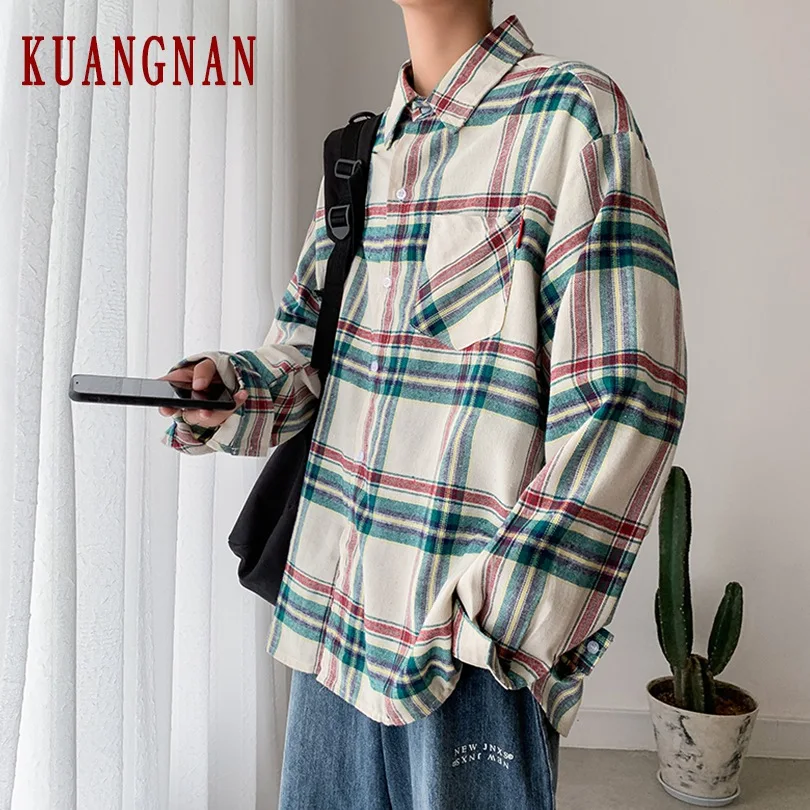 KUANGNAN, винтажная полосатая рубашка, Мужская Уличная рубашка с длинным рукавом, мужские модные футболки, мужская одежда в стиле хип-хоп, XXL