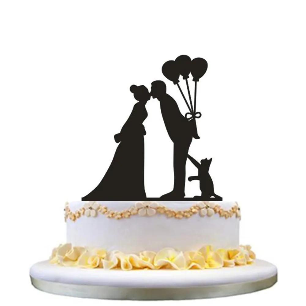 Черный акриловый торт Топпер невесты и жениха силуэт с питомцем собака кошка Mr& Mrs топперы для свадебного торта аксессуар для украшения - Цвет: C