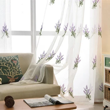 

Rustic Embroidered Purple Lavender Flower White Curtain Tulle for Bedroom Floral Sheer Voile Draperies for Living Room wp258#4