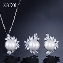 ZAKOL Лидер продаж 3 цвета искусственный жемчуг свадебный набор украшений для женщин Мода цветок кубический циркон серьги/кулон наборы FSSP325