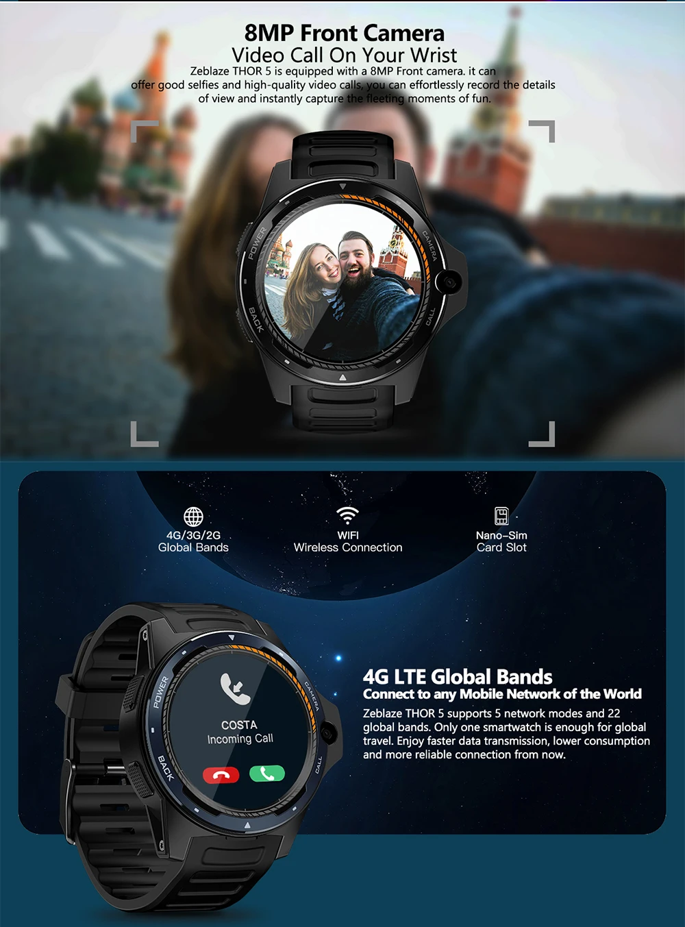 Смарт-часы Zeblaze THOR 5 с двойной системой, 4G, Wi-Fi, Android IOS, 1,39 дюймов, экран AOMLED, 454*454p x 2 ГБ+ 16 ГБ, МП, фронтальная камера, Смарт-часы