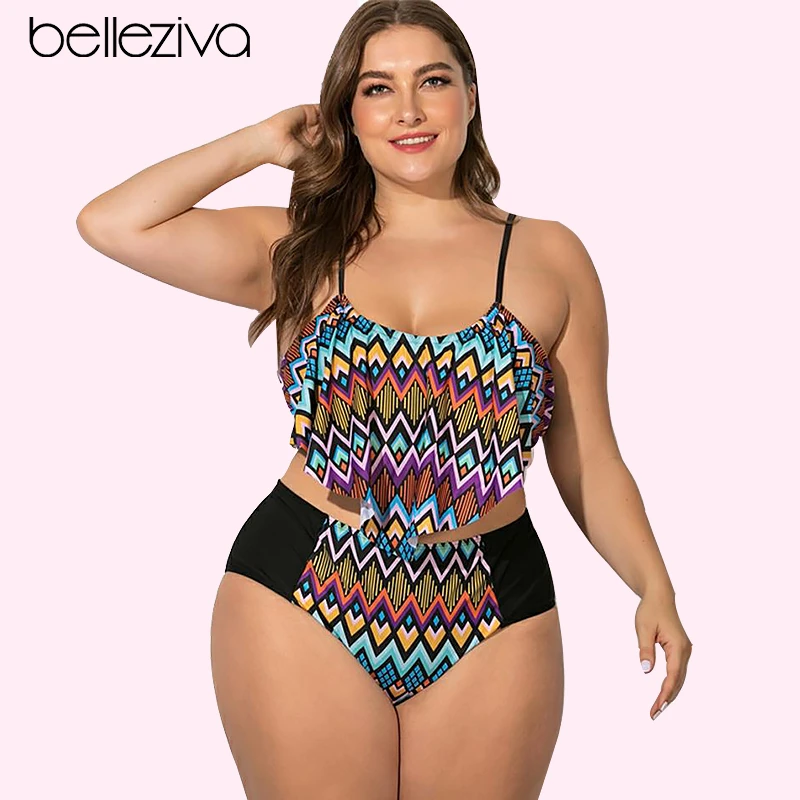 Belleziva Plus Grosse Bikini Badeanzug Frauen Hohe Taille Bauch Steuer Zwei Stuck Tankini Anzuge Kontrast Geometrische Druck Krauselte Bikini Set Aliexpress